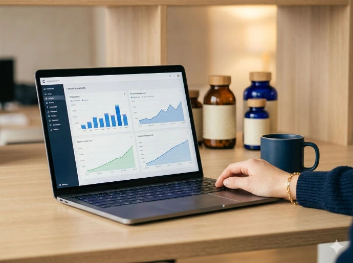 Laptop mit Statistiken und Nahrungsergänzungsmitteln