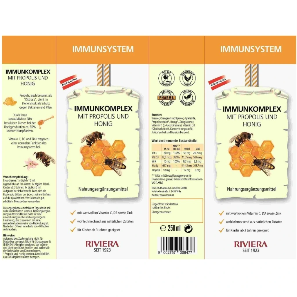 Riviera Immunkomplex mit Propolis und Honig 250 ml IKPH0250 Etikett.webp