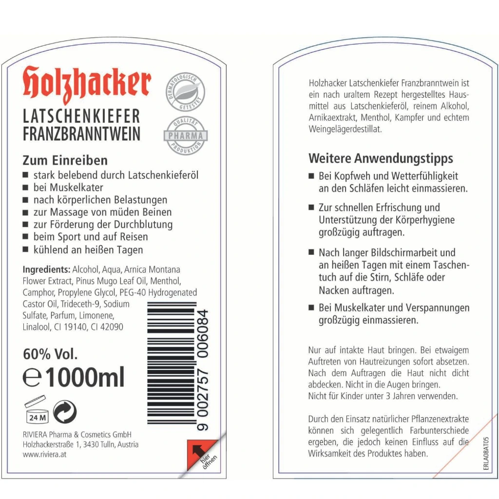 Holzhacker Latschenkiefer Franzbranntwein 1000 ml HHSP1000 Etikett.webp