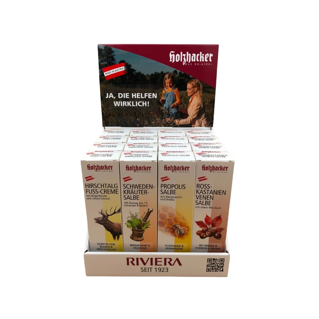 [BSDS0001] Holzhacker Cremen Bestseller Display je 4 x Ringelblume-, Schwedenkräuter-, Propolis-, Hirschtalgsalbe